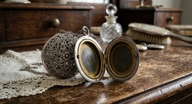Ornate antique silver locket opened to reveal aged interior, displayed on a vintage wooden table with other vintage items