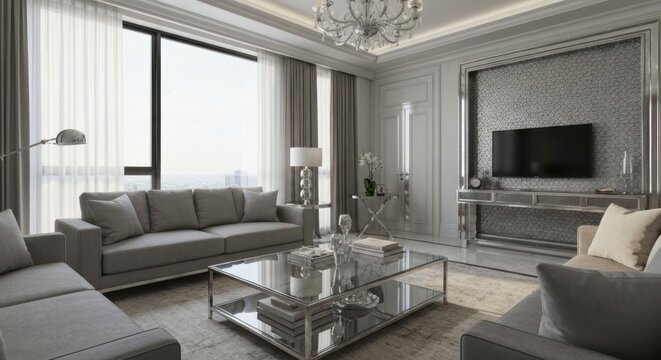 Luxurious living room with city view, grey sofas, glass coffee table, and elegant wall decor