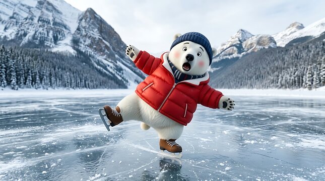 Cute polar bear character ice skating on a frozen mountain lake