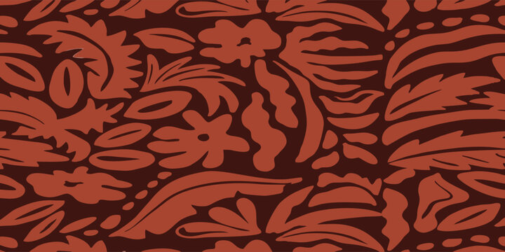 Seamless tropical floral pattern in earthy brown tones, hand drawn abstract leaves and flowers background for fabric, wallpaper, or packaging design