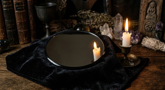 Polished Obsidian Scrying Mirror Set on Dark Fabric with Glowing Candle and Crystals