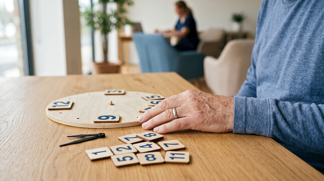 Senior hand resting on tabletop beside partially assembled analog clock for cognitive rehabilitation. Wooden clock numbers offer stimulating activity for mental agility.