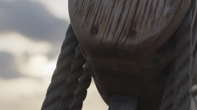 Sailing boat moves in the Atlantic Ocean, details of the vessel