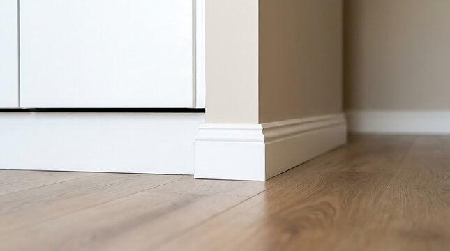 Close-up of white baseboard molding and wooden floor in a room trim