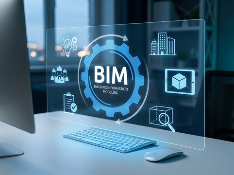 Computer screen displaying BIM Building Information Modeling interface with icons and 3D cube technology