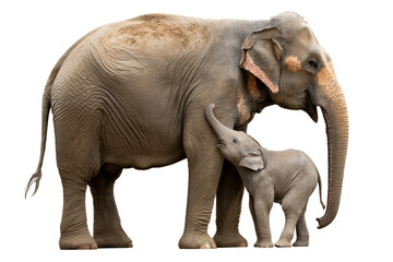 Fototapeta premium Adult and baby elephant standing closely together in white studio background with clean copy space