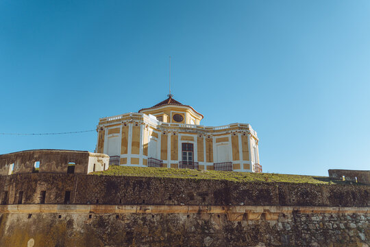 Forte da Graca, the majestic historic military fortress in Elvas, Portugal under a clear blue sky.