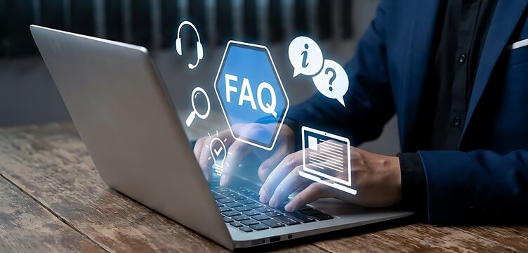 Person typing on laptop with FAQ and support icons displayed on a digital interface frequently asked questions