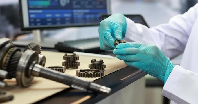 Close-up of a technician in protective gloves inspecting metal gears and a shaft beside a computer monitor in a mechanical workshop.