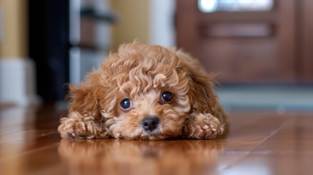 Cute fluffy brown puppy resting on wooden floor with big expressive eyes and curly fur in cozy home setting