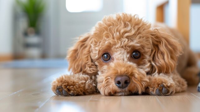 Cute Brown Dog with Curly Fur Relaxing on Wooden Floor in Bright Indoor Space
