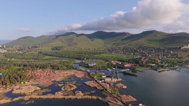 Aerial view of Lake Sevan and surrounding landscape, Armenia.