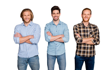 Fototapeta premium Portrait of three nice attractive cheerful cheery content guys best buddy fellow team it company coworkers folded arms isolated over gray purple pastel color background