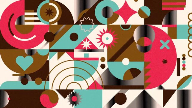 Retro animated geometric abstraction featuring various colorful shapes.