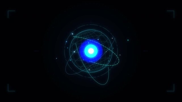 glowing blue atomic nucleus with orbiting particles, abstract science motion graphic loop