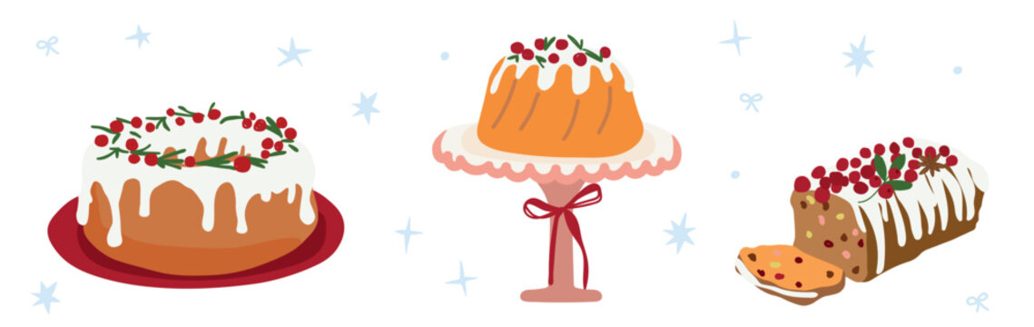 Traditional Christmas cakes set with bundt cake, stollen fruitcake and berry cake on stand, festive holiday dessert illustration