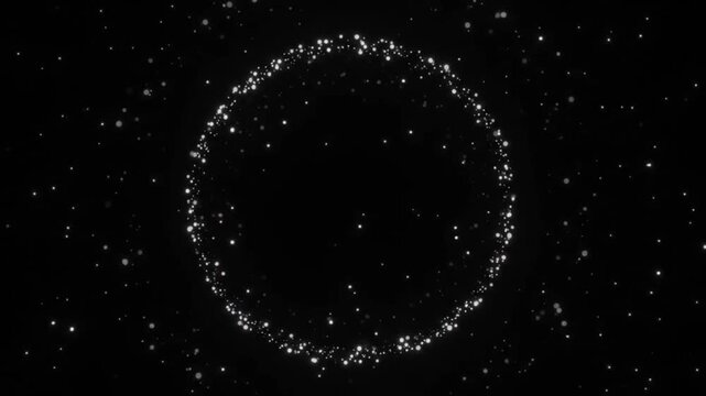 Abstract shimmering particle ring on a dark background, glowing sphere shape. Futuristic digital data, sci-fi technology concept.