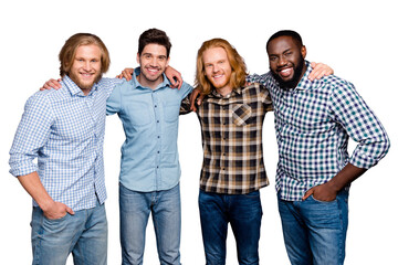 Fototapeta premium Best friends forever. Portrait of positive four man fellows hug embrace enjoy team support respect wear good look clothes isolated over gray color background