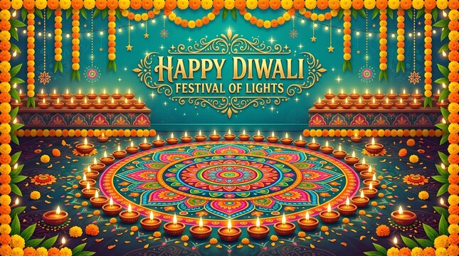 Happy diwali festival of lights background with circular rangoli, many glowing oil lamps, and vibrant marigold flower garlands