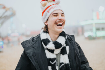 Naklejka premium A smiling young man wearing a Santa hat and a black-and-white checkered scarf. He laughs outdoors in front of a blurred winter amusement park background.