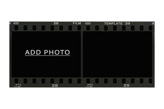 35mm photographic film negative frame border with add photo text for image design.