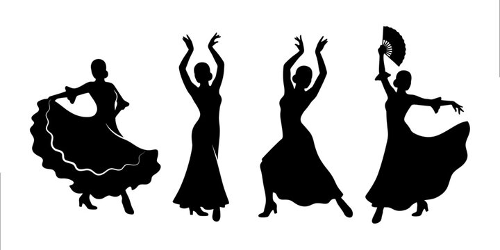 Flamenco Dancer Silhouettes Set, Spanish Dancer with Fan and Dress Vector