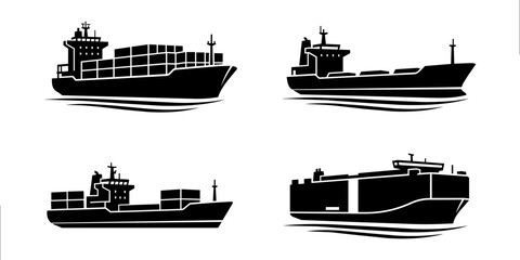 Fototapeta premium Container Ship Icon Set, Cargo Vessel on Water with Wake Illustration
