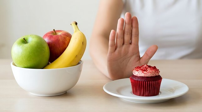 A woman choosing healthy fresh fruit over a sweet cupcake to maintain a balanced diet