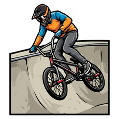 Fototapeta premium BMX Rider Performing Extreme Bike Trick on Concrete Ramp – Action Sports Vector Illustration