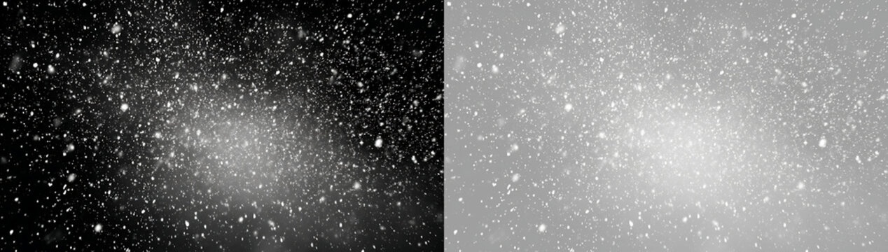 Dense blizzard snow storm overlay with blowing wind effect. Intense winter snowfall on black and transparent background. Cold storm texture banner