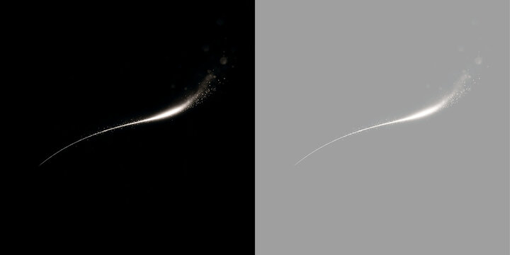 Luminous curved light trail with glowing particle dust. Shimmering magic motion wave isolated on transparent background