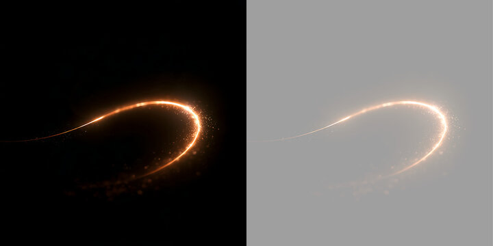 Golden light trail with glowing glitter particles. Luminous curve effect isolated on black and transparent background. Abstract motion magic streak
