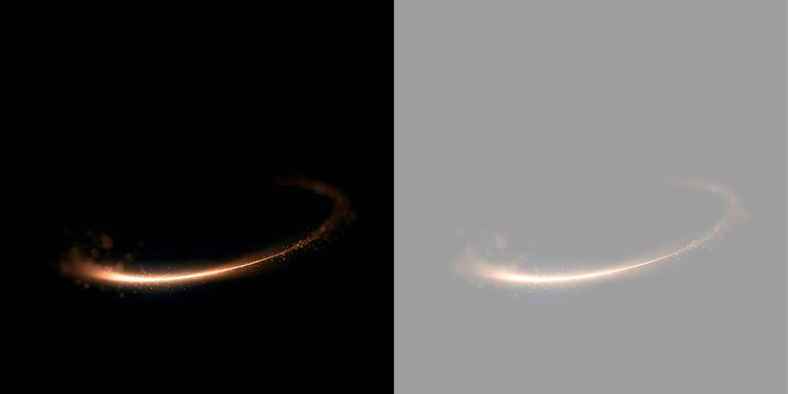 Golden light ring trail with glowing sparkle particles. Elliptical luminous circle effect on transparent and black background. Magic orbit overlay