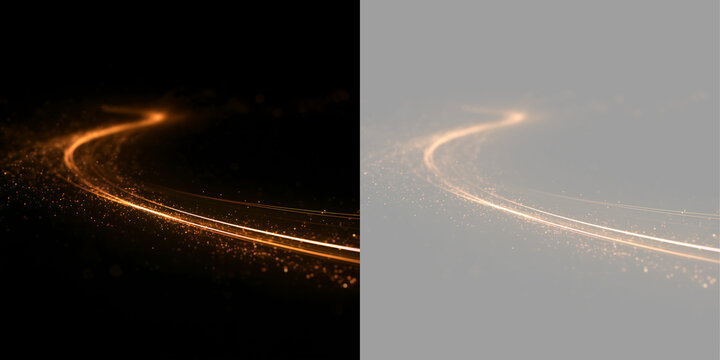 Curved golden light trail with shining particles. Luminous speed motion streak and glowing energy wave. Isolated overlay element