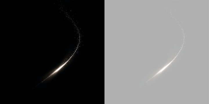 Vertical curved light streak with sparkling star particles. Glowing swoosh arc and shining magical dust trail. Isolated design overlay