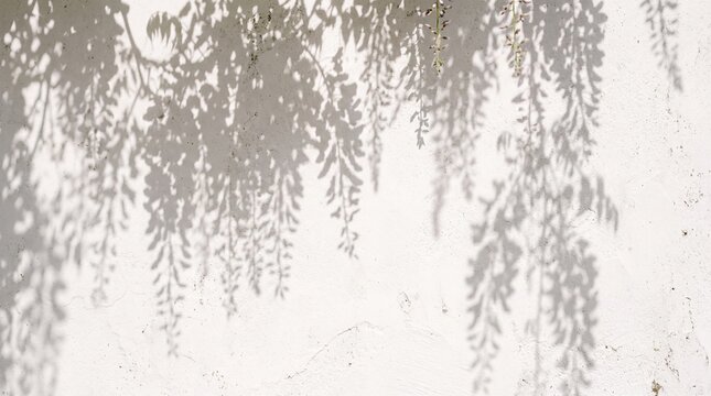 Botanical Wisteria Flower Shadow on White Wall Background