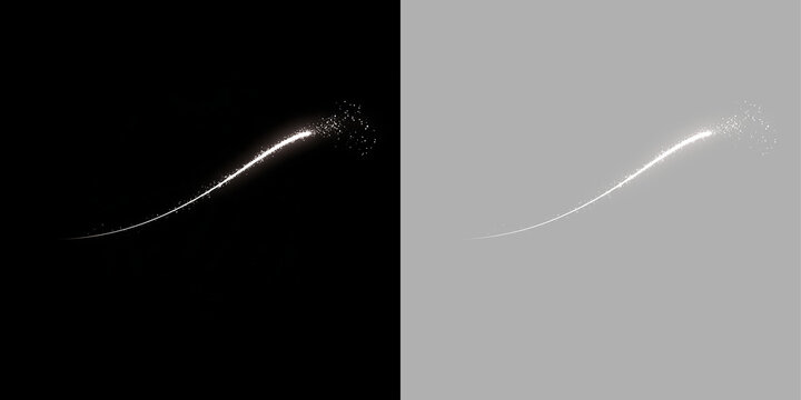 Glowing light streak with sparkling particles trail isolated on transparent background. Curved comet or shooting star overlay effect