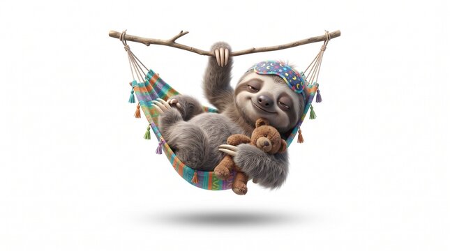 Adorable sloth sleeping in colorful hammock, cute baby sloth with teddy bear and eye mask, cozy wildlife character illustration for nursery decor isolated PNG with Transparent Background
