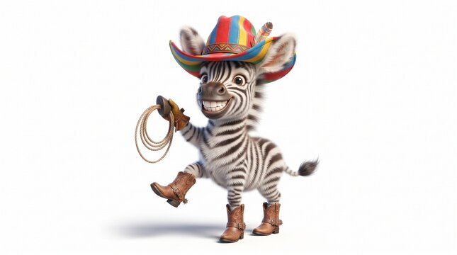Whimsical zebra cowboy character, cute safari animal wearing colorful hat and boots, playful 3D render of a smiling zebra holding a lasso isolated PNG with Transparent Background