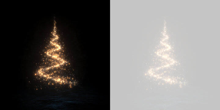 Golden glitter Christmas tree light effect. Swirling magic sparkle spiral on black and transparent background