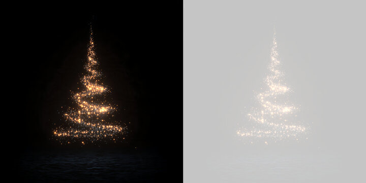Christmas tree made of golden sparkling particles and glowing lights. Spiral holiday fir tree on transparent background. Winter holiday celebration element