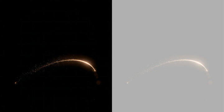 Arched golden light trail with sparkling particles. Curved glowing beam and magic dust overlay effect