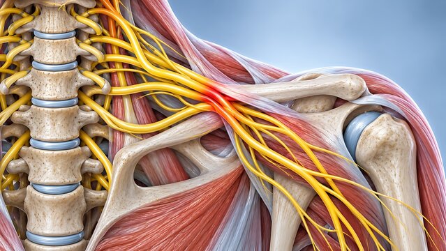 Brachial plexus nerves branching from the spine through the shoulder