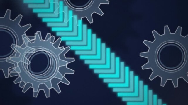 Gear cogs cyan arrow path glowing seamless loop background