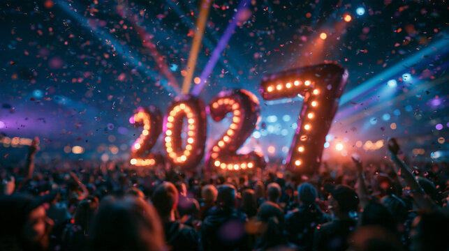 Crowd Celebrating New Year 2027 with Confetti and Lights