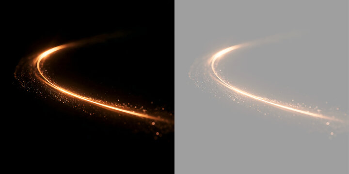 Luminous golden light streak with flying sparks. Swirling glowing arc isolated on black and transparent background