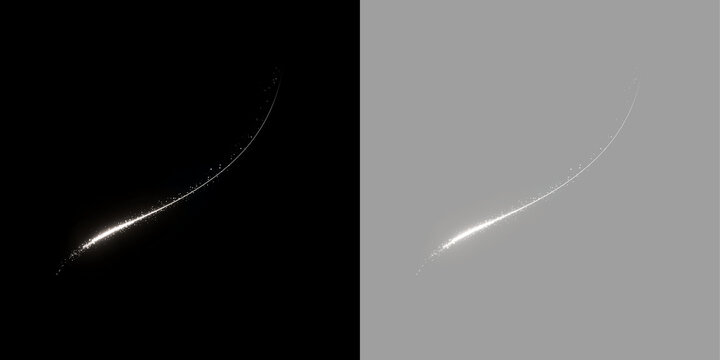 Rising curved light streak with sparkling particle dust. Dynamic glowing comet trail isolated on transparent background