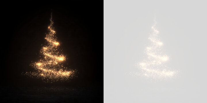 Abstract golden glitter Christmas tree made of swirling magic particles. Sparkling festive tree design isolated on transparent background and dark floor