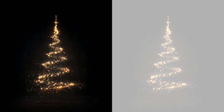 Golden glowing Christmas tree made of sparkling light particles. Abstract holiday tree swirl isolated on transparent and black background