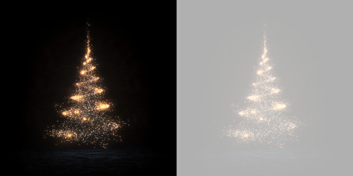 Glowing golden Christmas tree made of sparkling light particles. Festive holiday tree silhouette isolated on transparent and black background